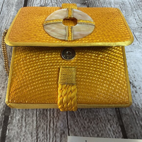 Rare Liza Castro Marigold Yellow Buntal Palm Bag Mother Of Pearl Detail Bohemian - Picture 5 of 6